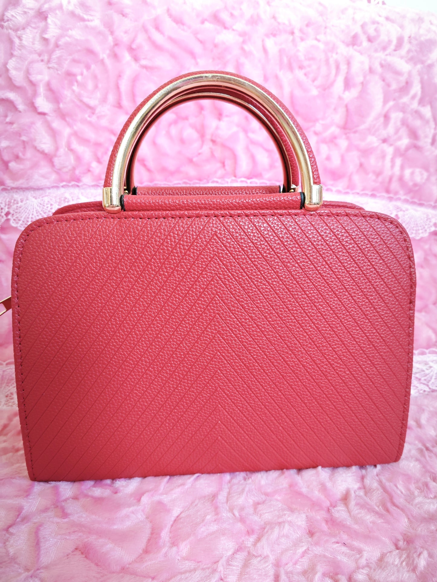 Burgundy Textured Mini Handbag with Gold Accents