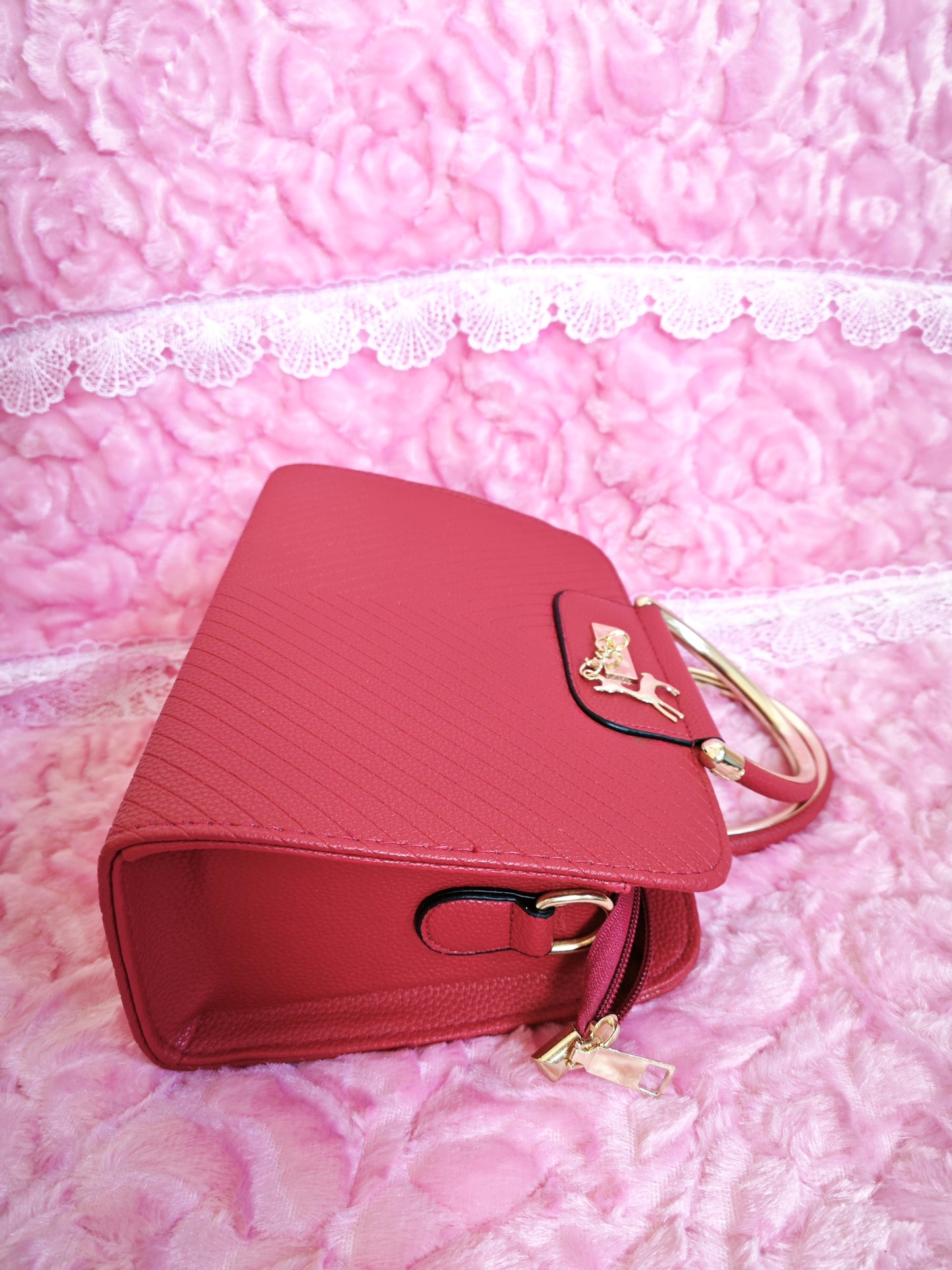 Burgundy Textured Mini Handbag with Gold Accents