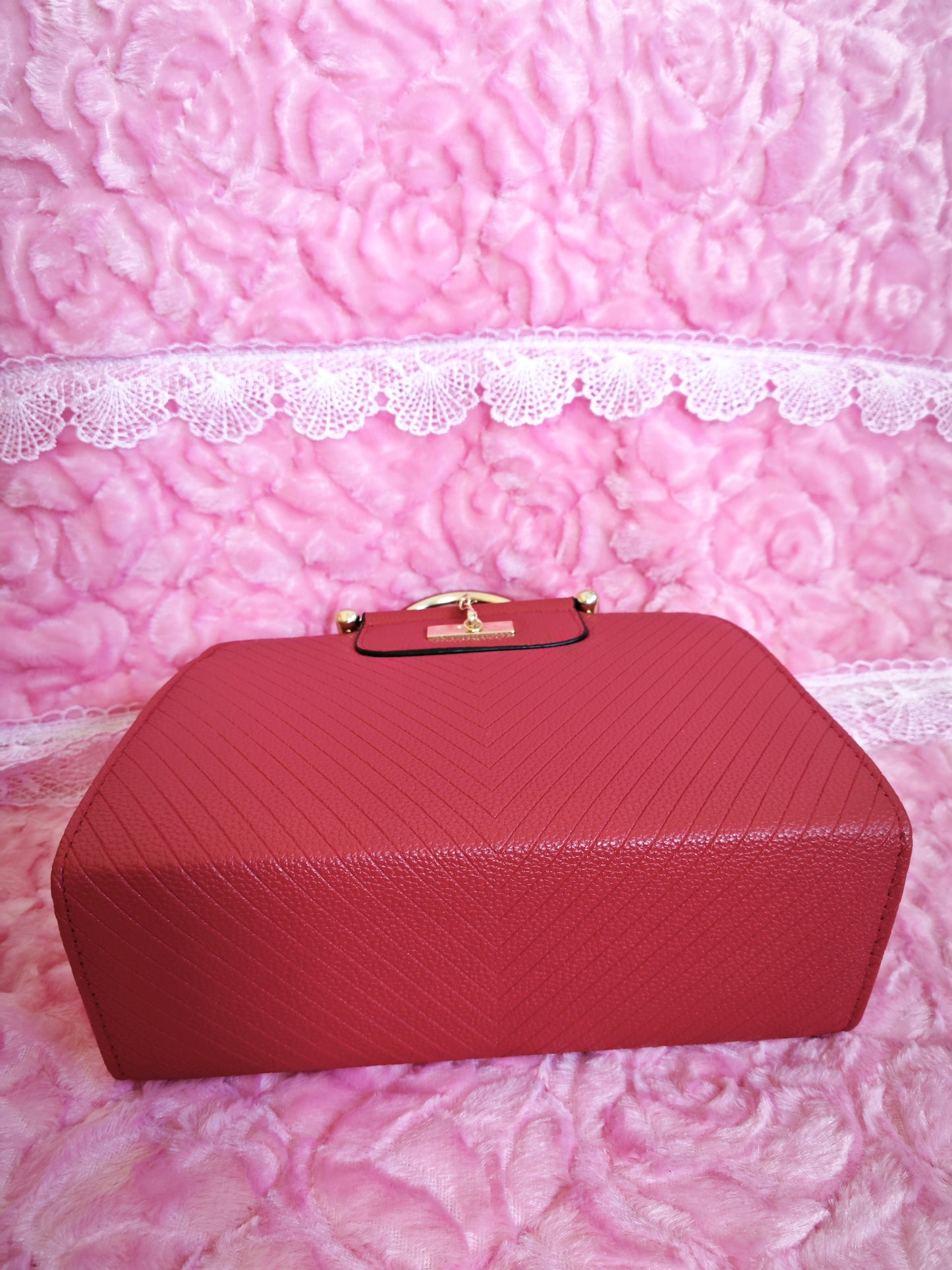 Burgundy Textured Mini Handbag with Gold Accents