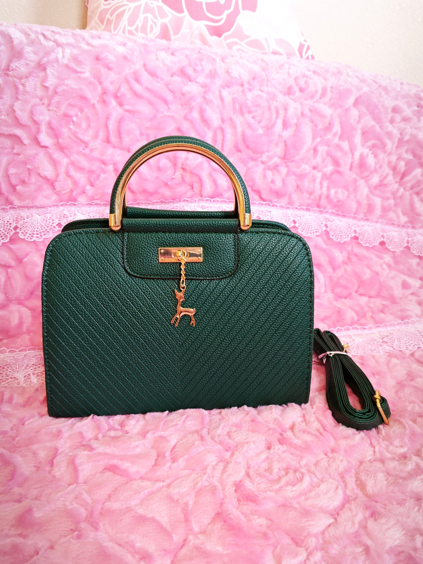Dark Green Textured Mini Handbag with Gold Accents