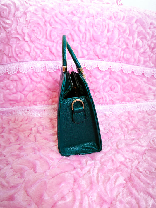 Dark Green Textured Mini Handbag with Gold Accents