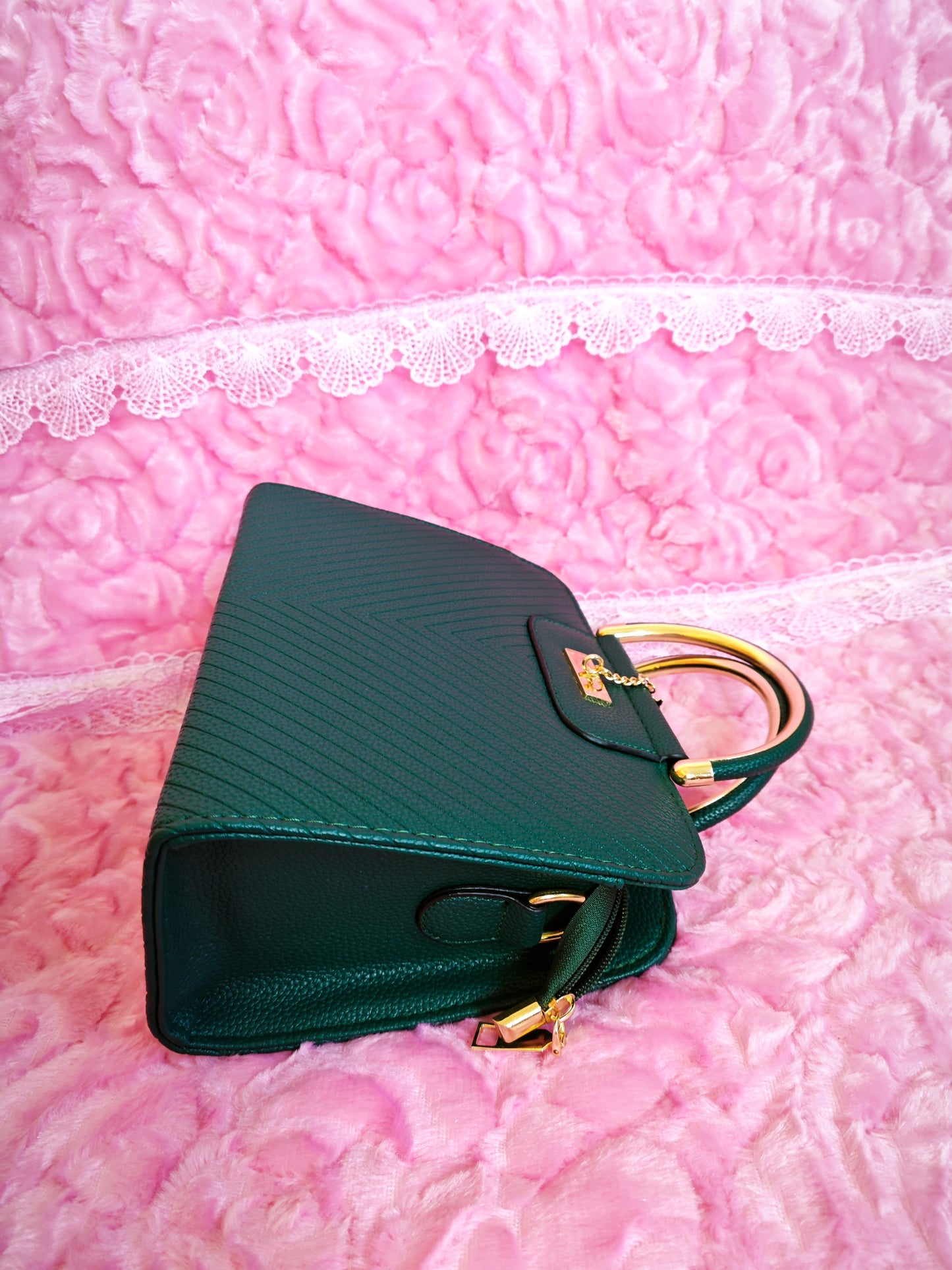 Dark Green Textured Mini Handbag with Gold Accents