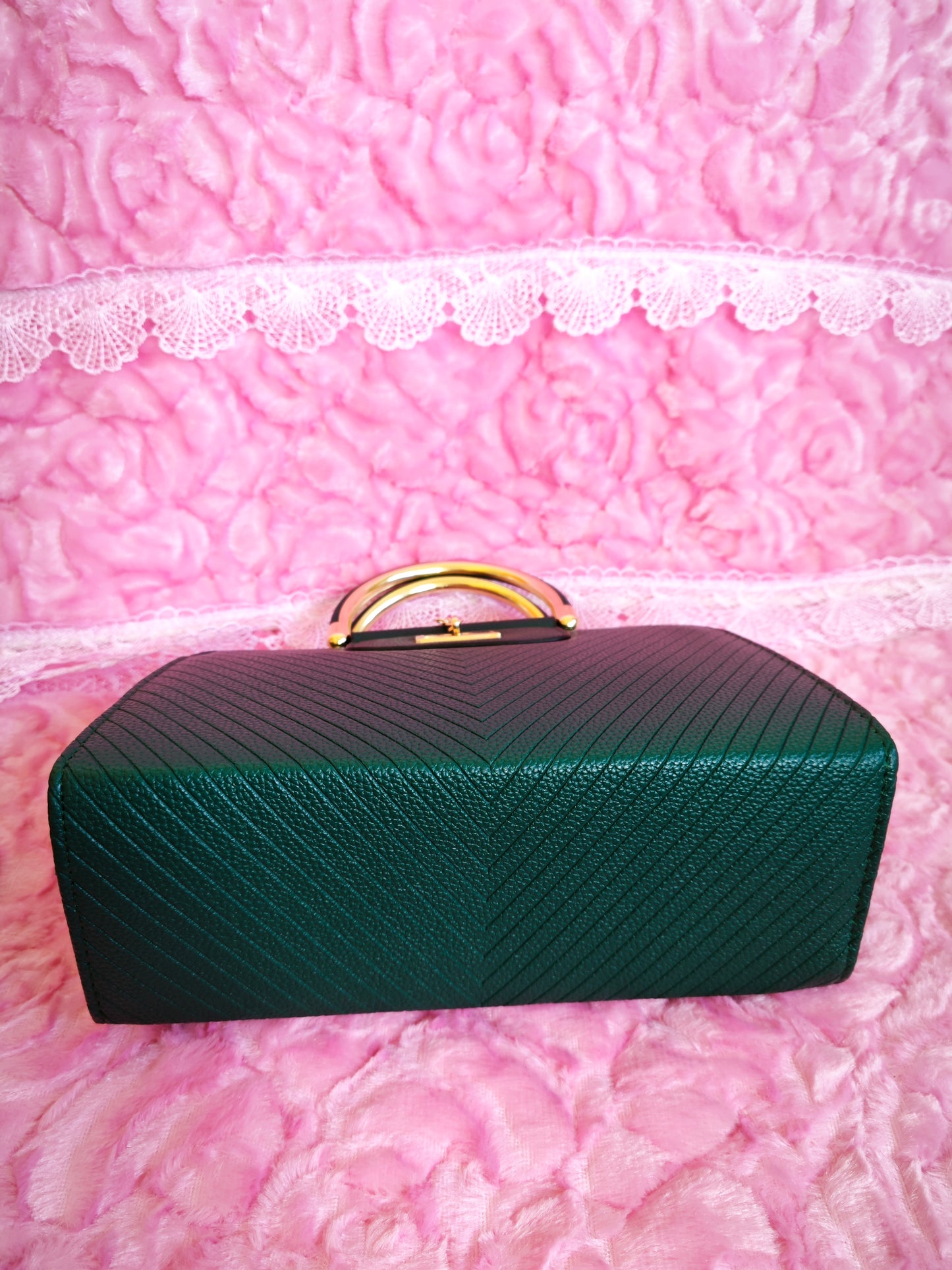 Dark Green Textured Mini Handbag with Gold Accents