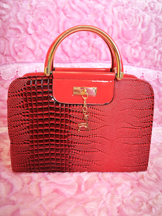 Red-Brown Gradient Crocodile-Print Mini Handbag with Gold Accents