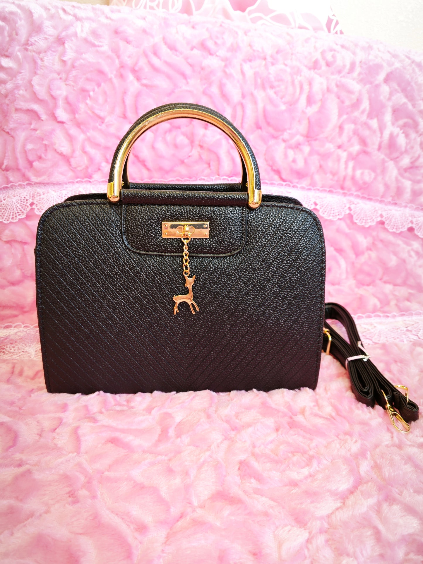 Black Textured Mini Handbag with Gold Accents