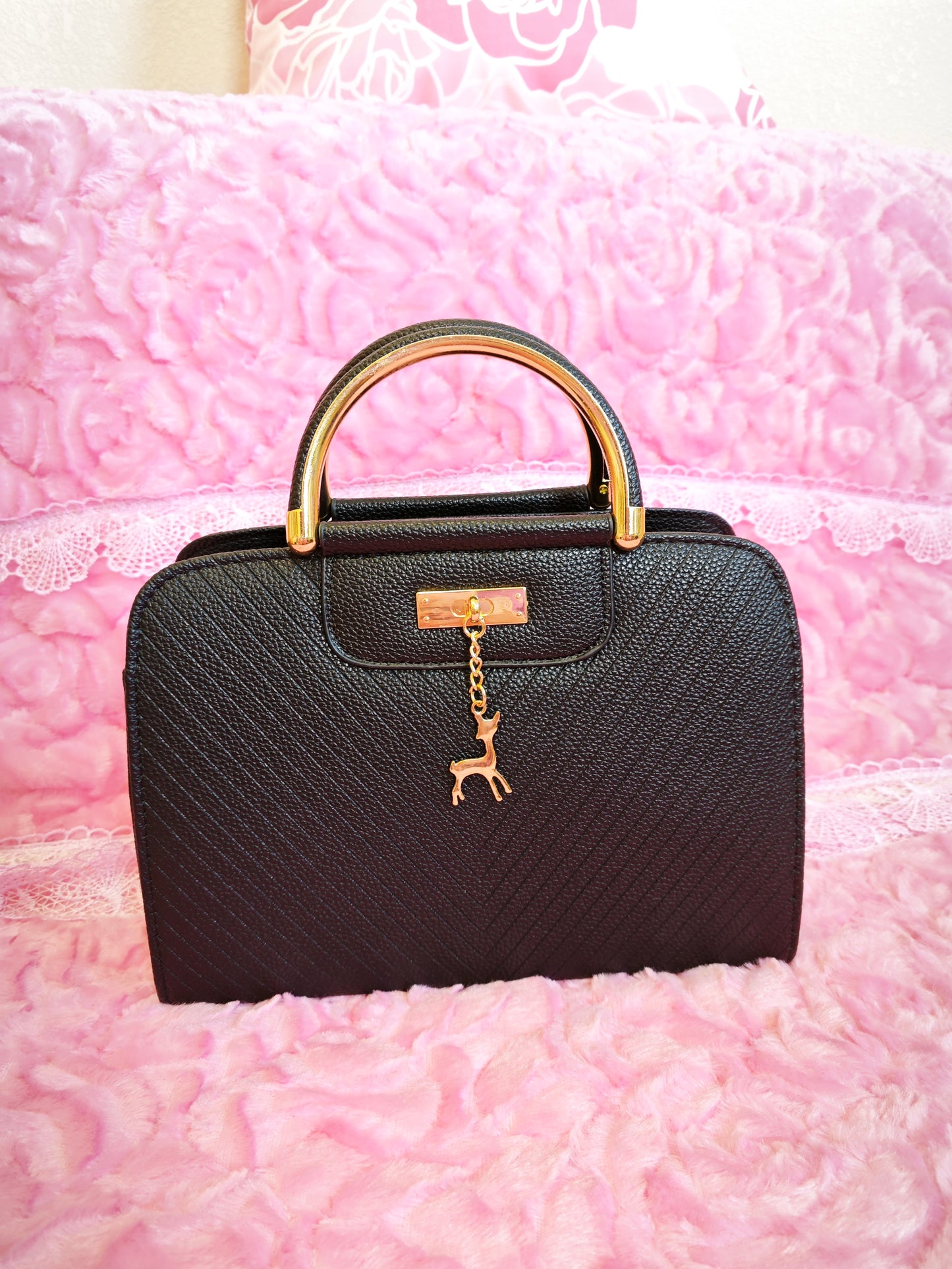 Black Textured Mini Handbag with Gold Accents