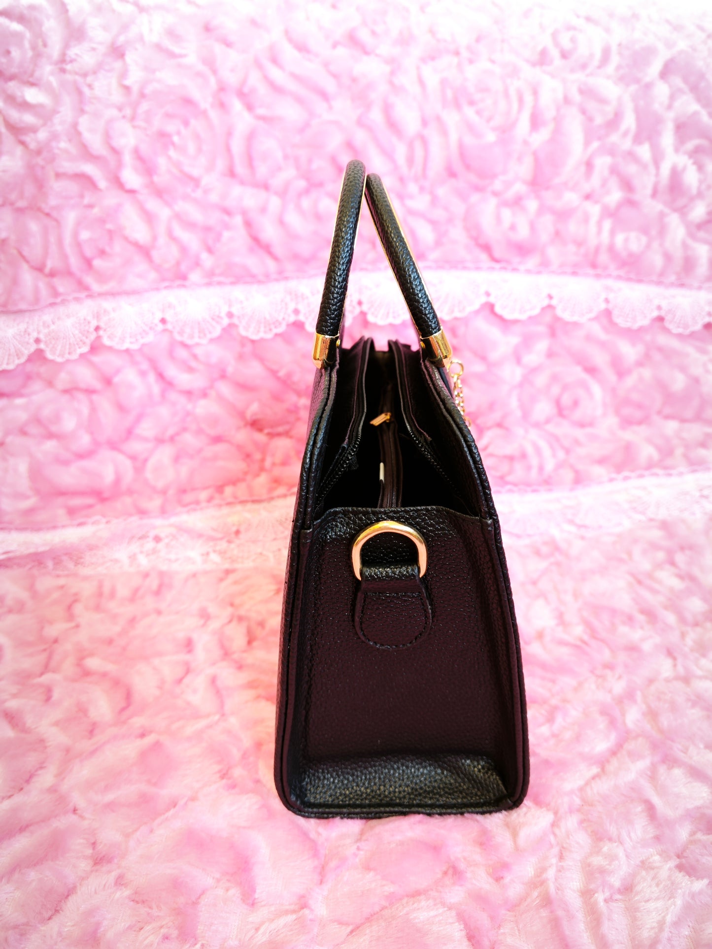 Black Textured Mini Handbag with Gold Accents