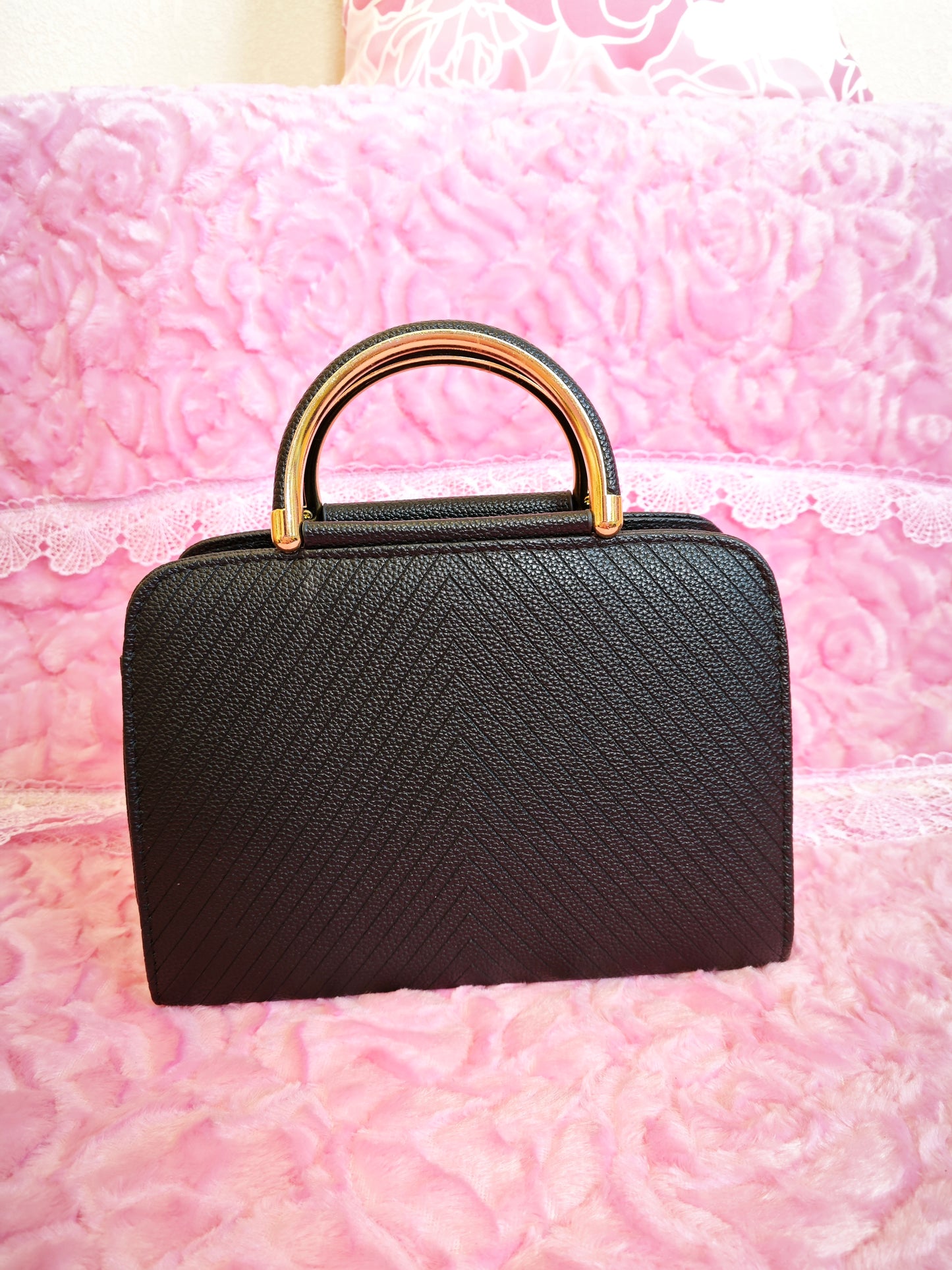 Black Textured Mini Handbag with Gold Accents