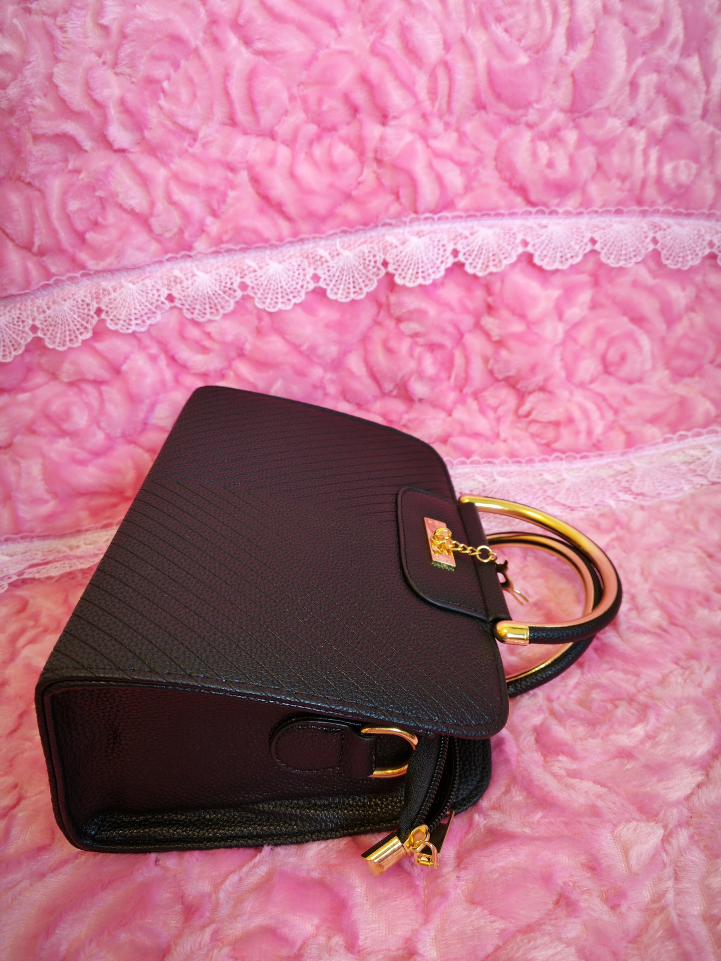 Black Textured Mini Handbag with Gold Accents