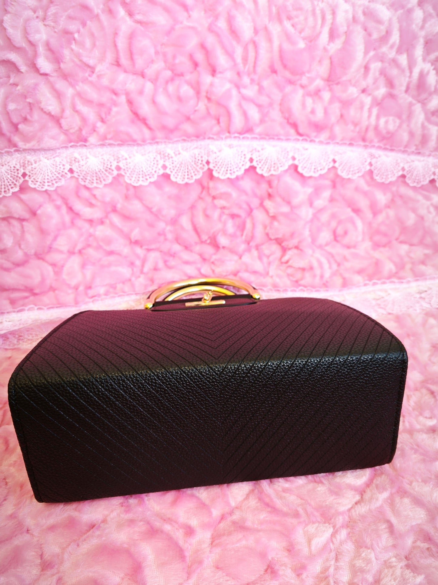 Black Textured Mini Handbag with Gold Accents