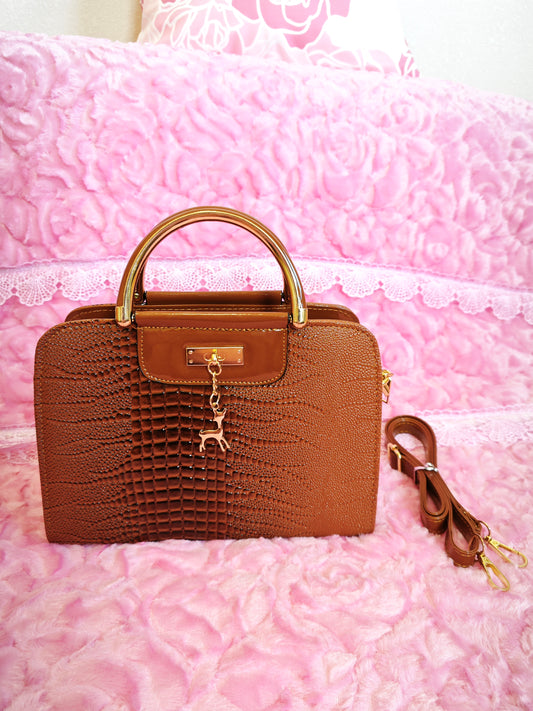 Warm Brown Crocodile-Print Panel Mini Handbag with Gold Accents