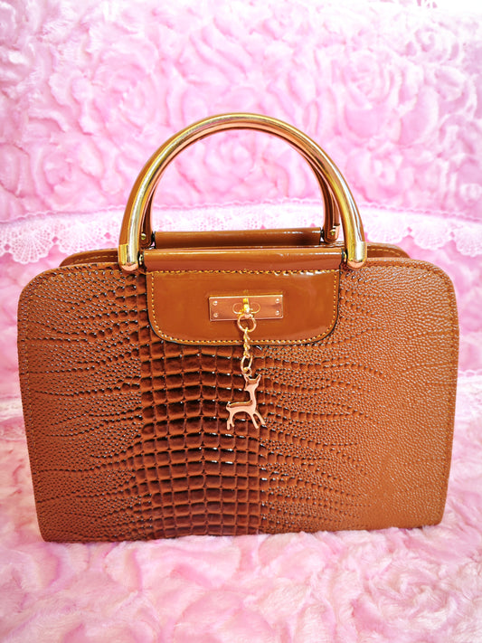Warm Brown Crocodile-Print Panel Mini Handbag with Gold Accents