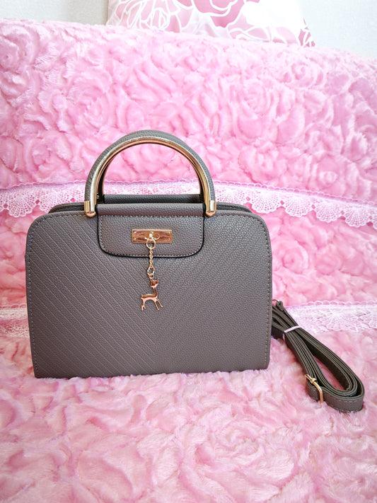 Ash Gray Textured Mini Handbag with Gold Accents