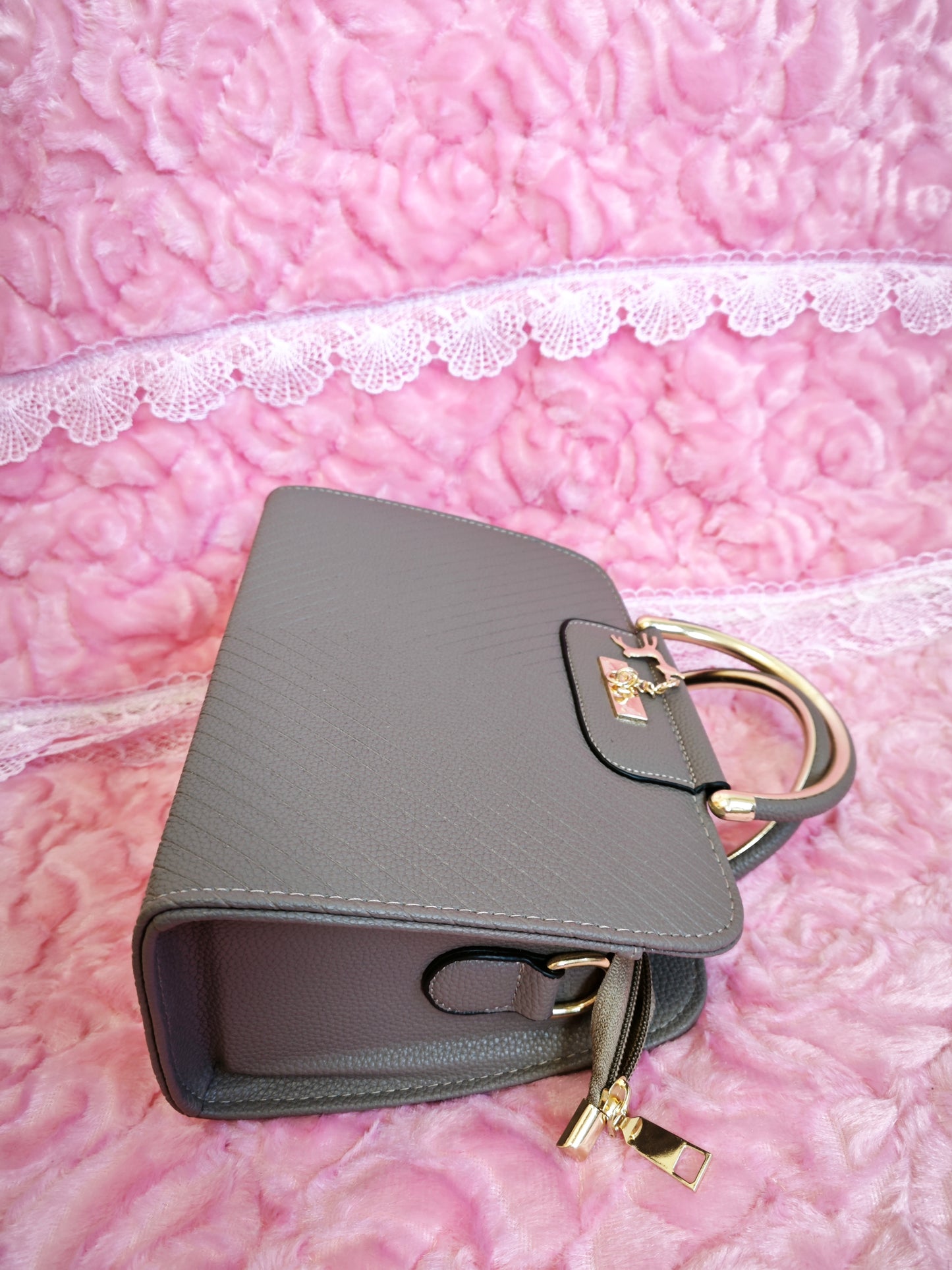 Ash Gray Textured Mini Handbag with Gold Accents