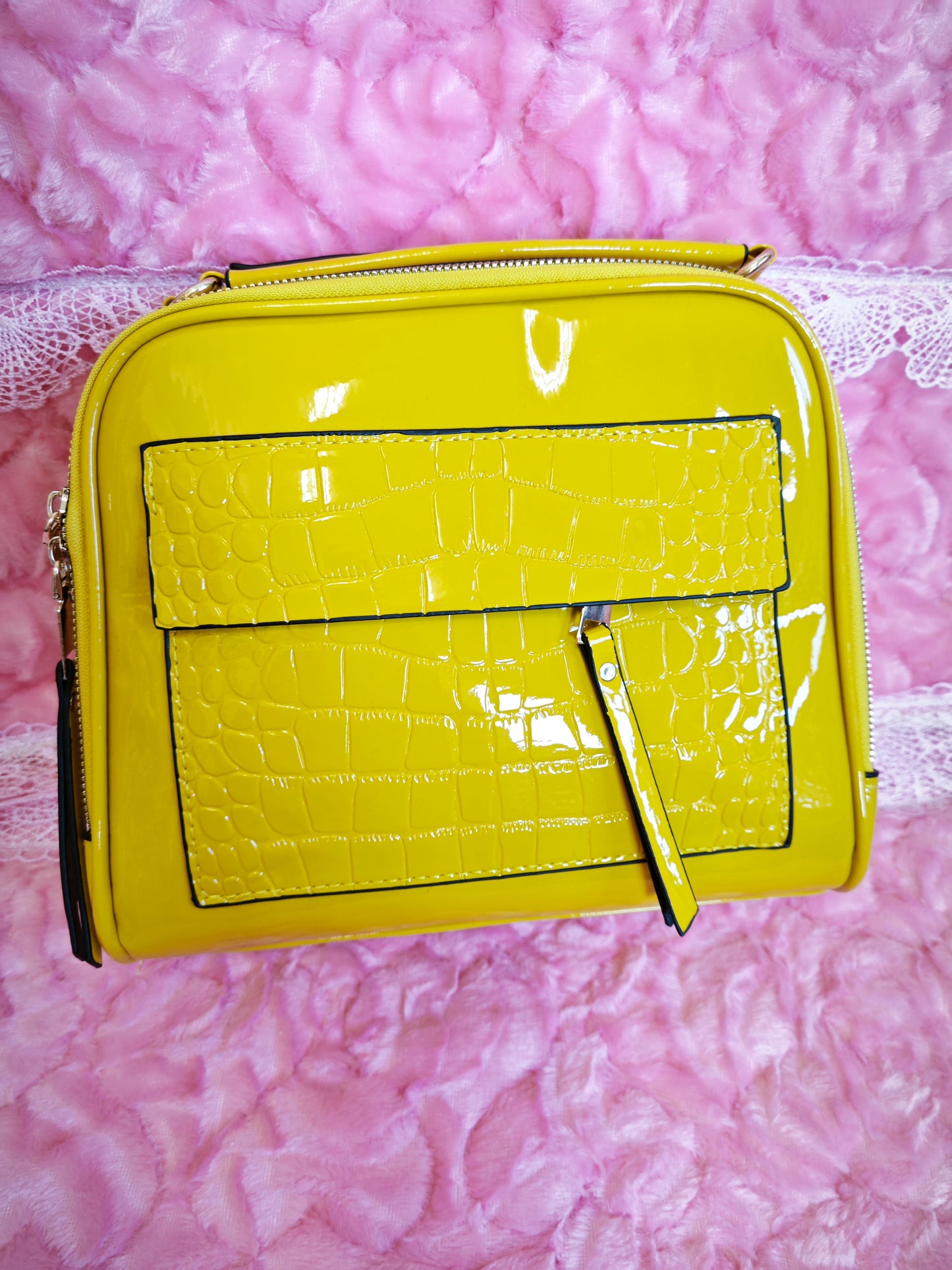 Bright Yellow Patent Crocodile-Print Mini Handbag