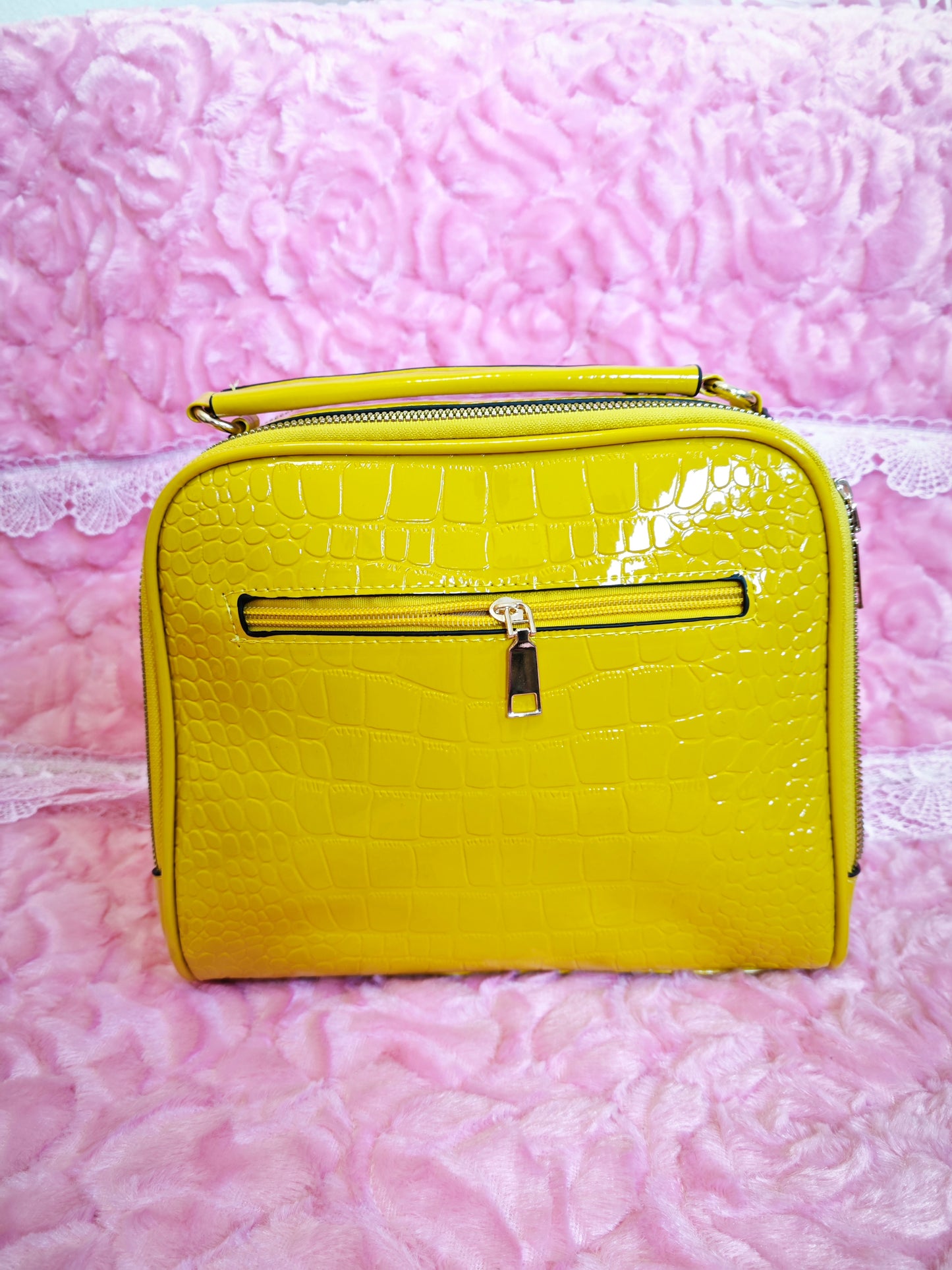 Bright Yellow Patent Crocodile-Print Mini Handbag
