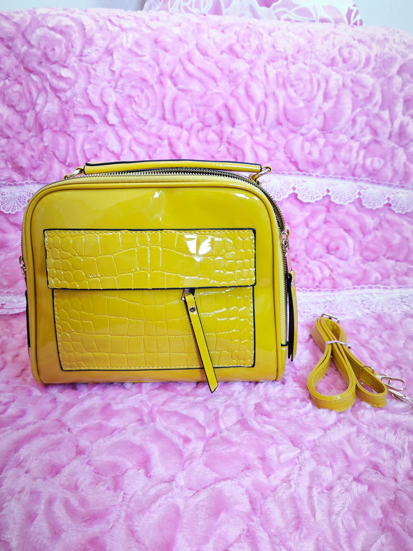 Bright Yellow Patent Crocodile-Print Mini Handbag