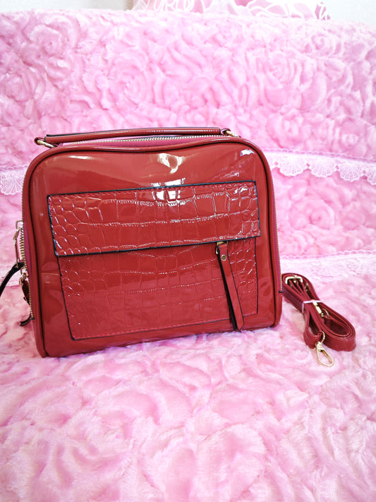 Burgundy Patent Crocodile-Print Mini Handbag