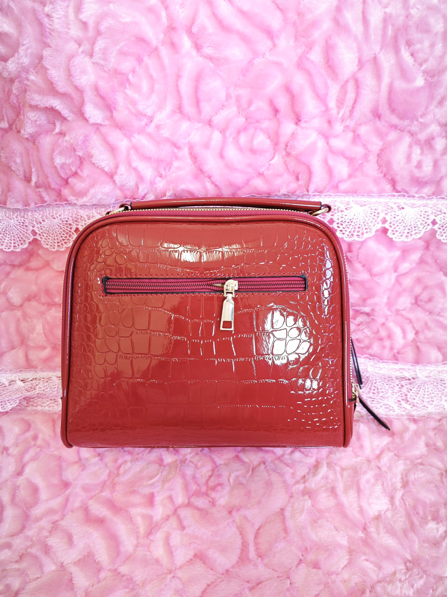 Burgundy Patent Crocodile-Print Mini Handbag