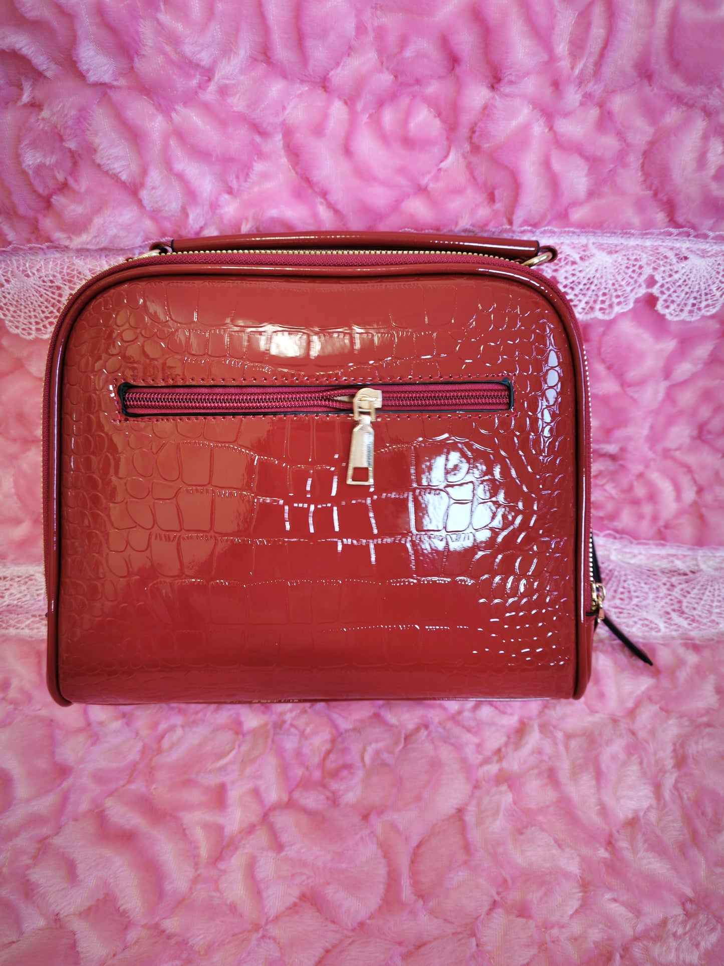 Burgundy Patent Crocodile-Print Mini Handbag