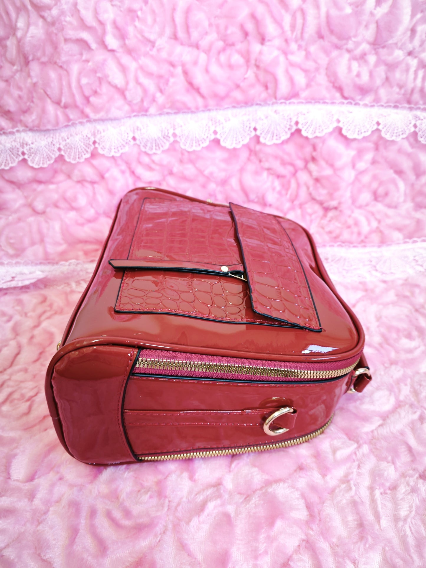 Burgundy Patent Crocodile-Print Mini Handbag