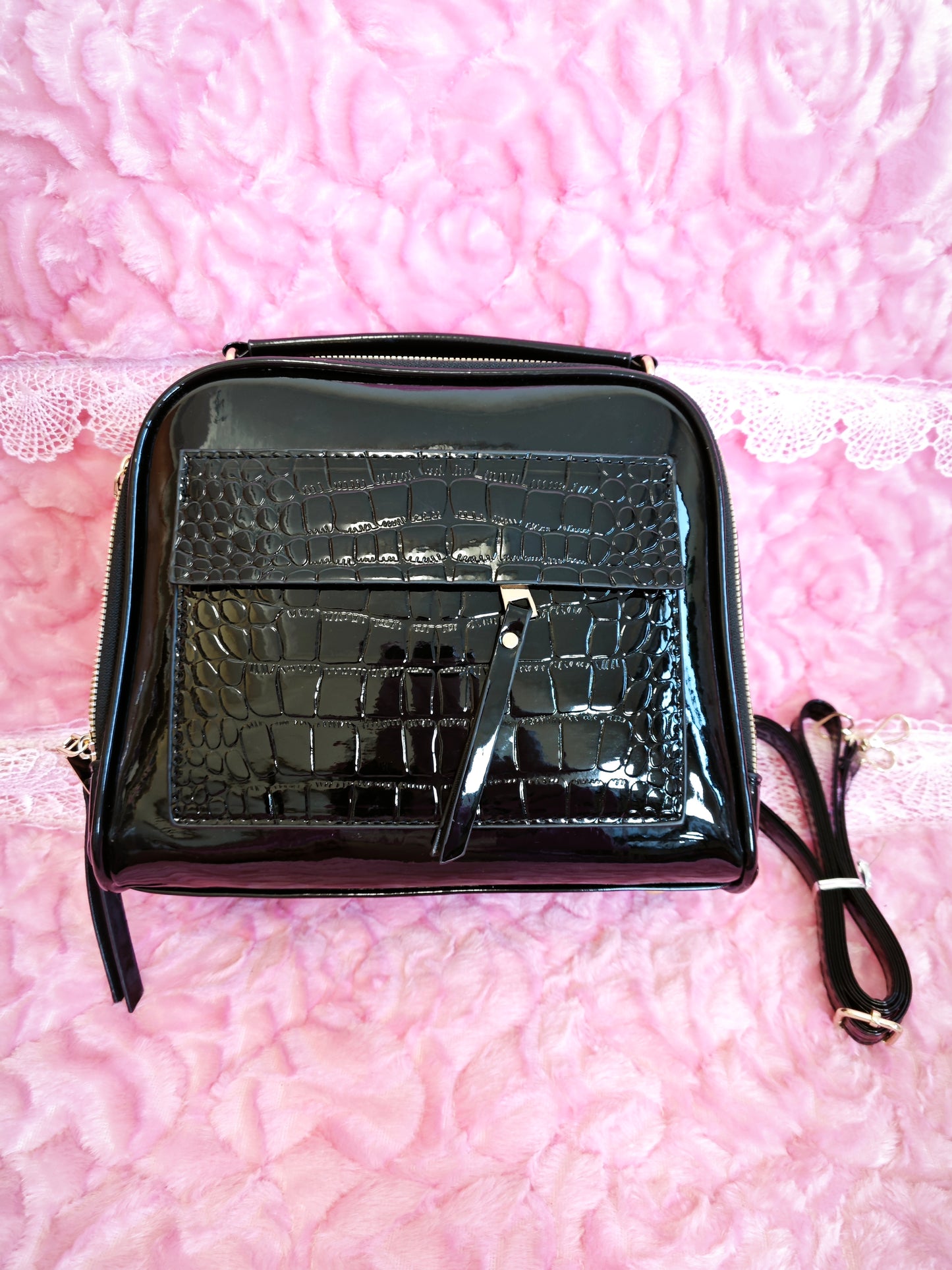 Black Patent Crocodile-Print Mini Handbag