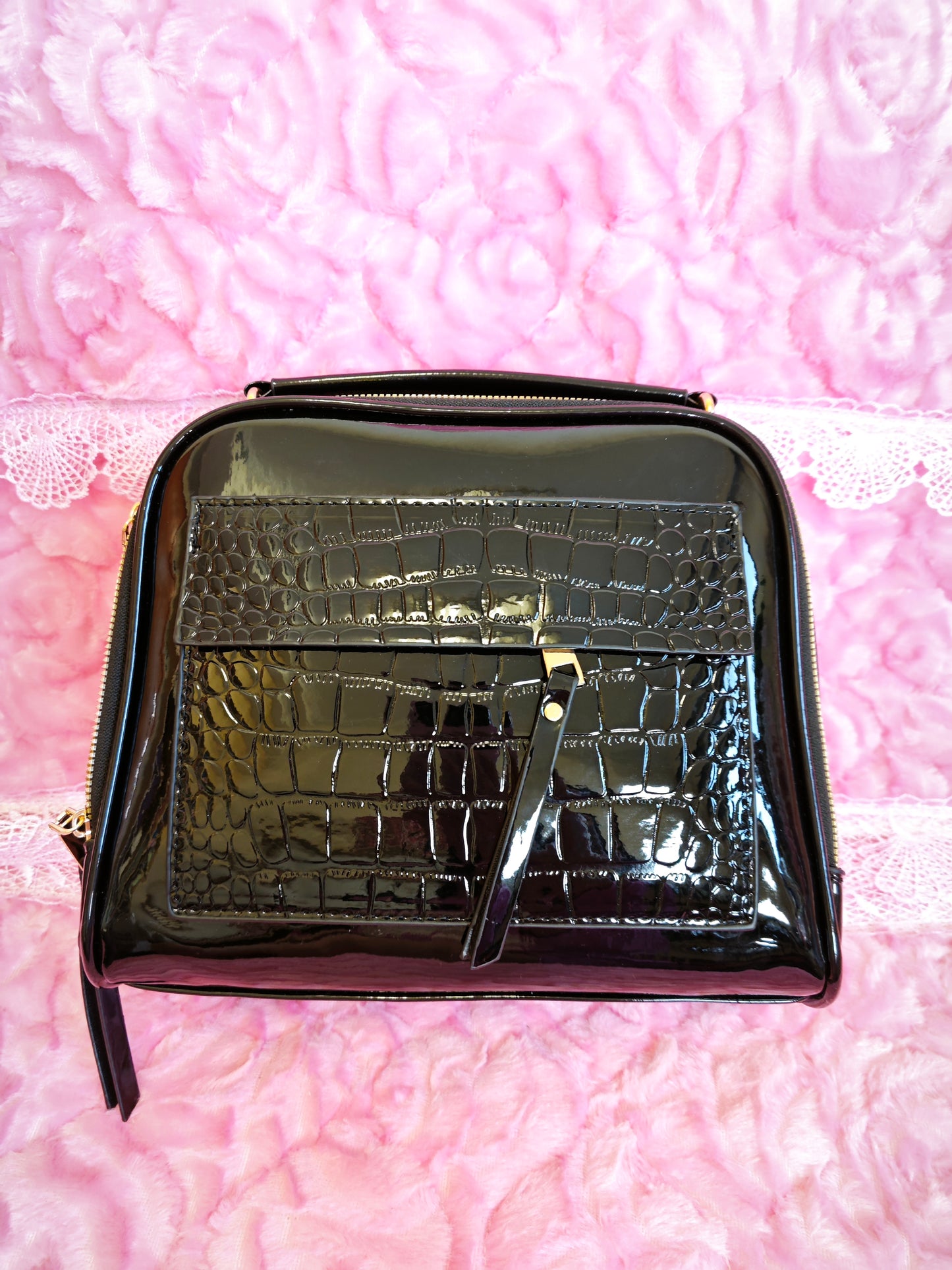 Black Patent Crocodile-Print Mini Handbag