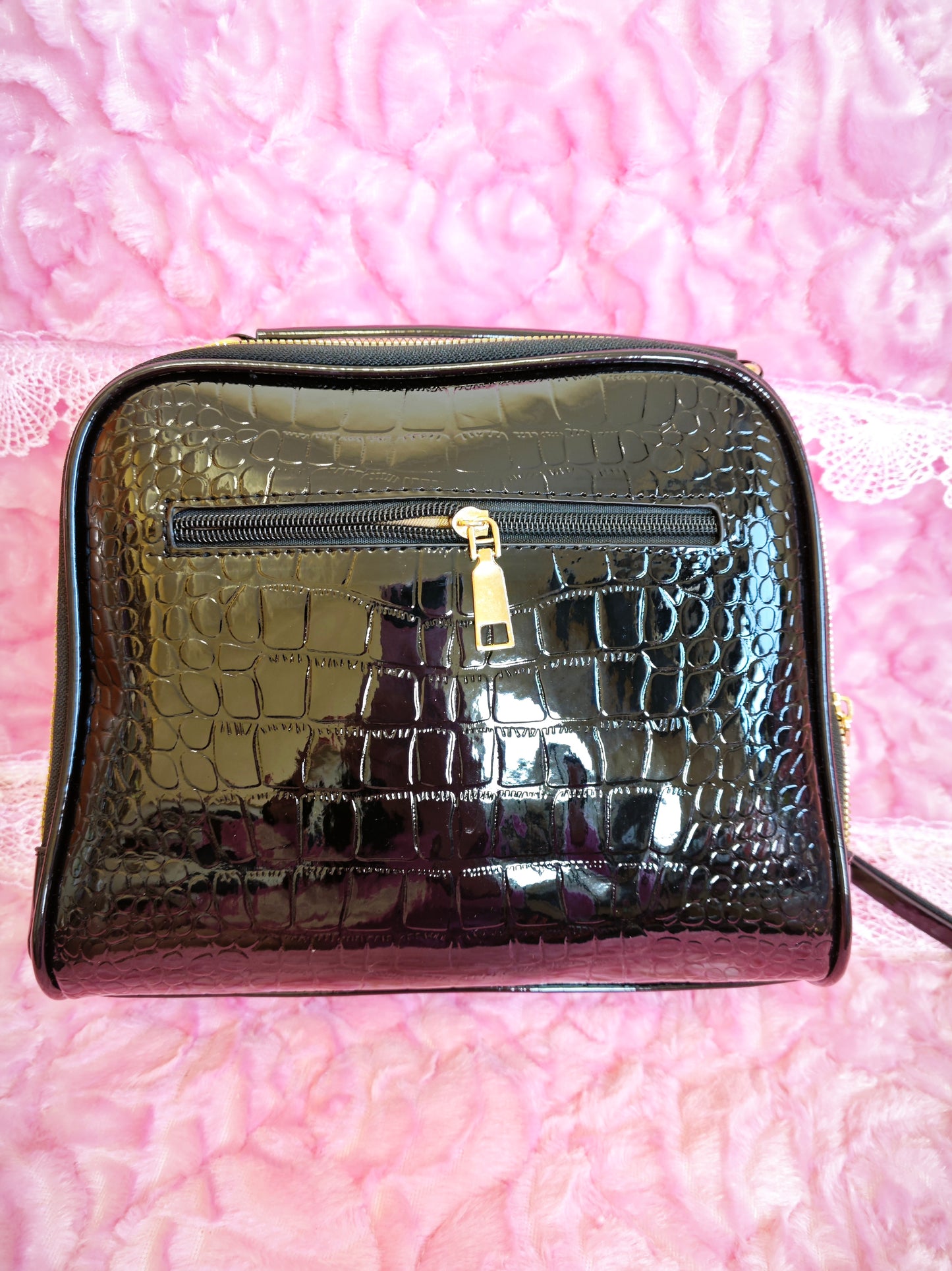 Black Patent Crocodile-Print Mini Handbag