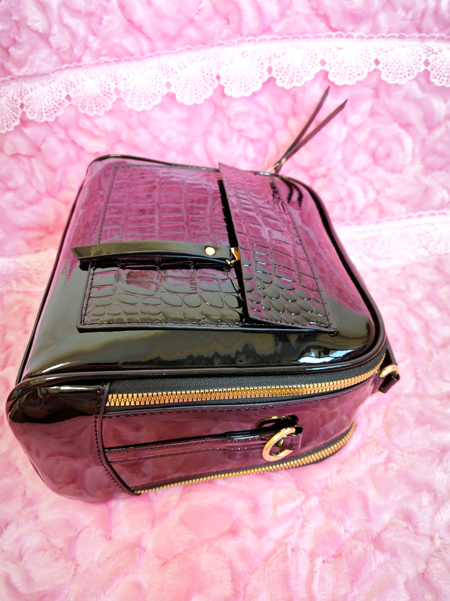 Black Patent Crocodile-Print Mini Handbag