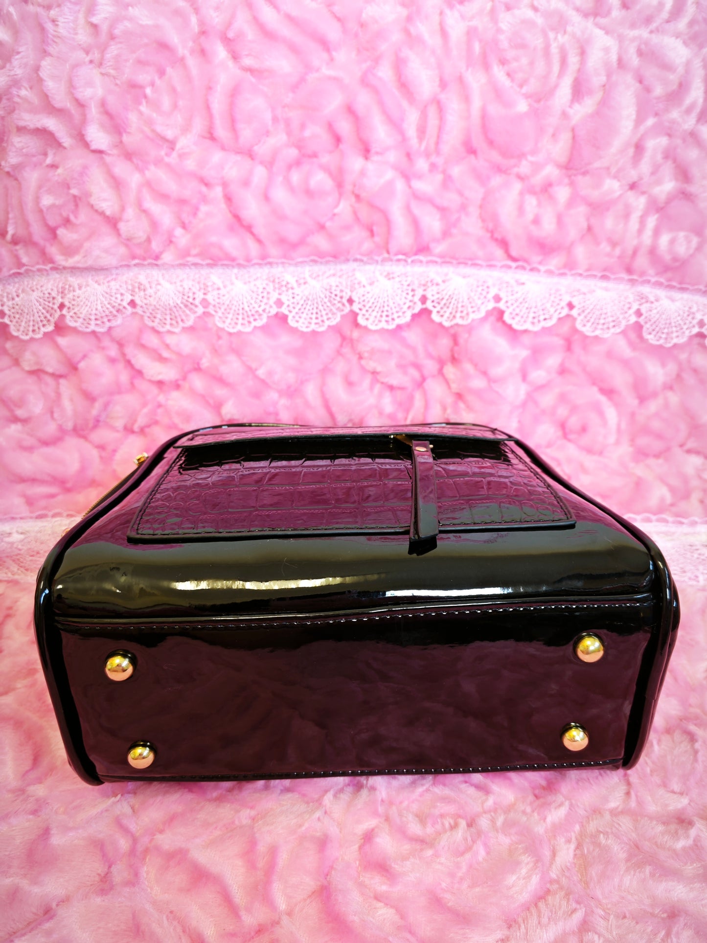 Black Patent Crocodile-Print Mini Handbag