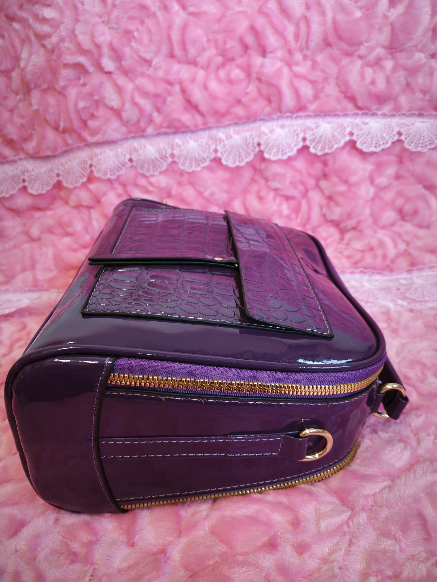 Deep Purple Patent Crocodile-Print Mini Handbag