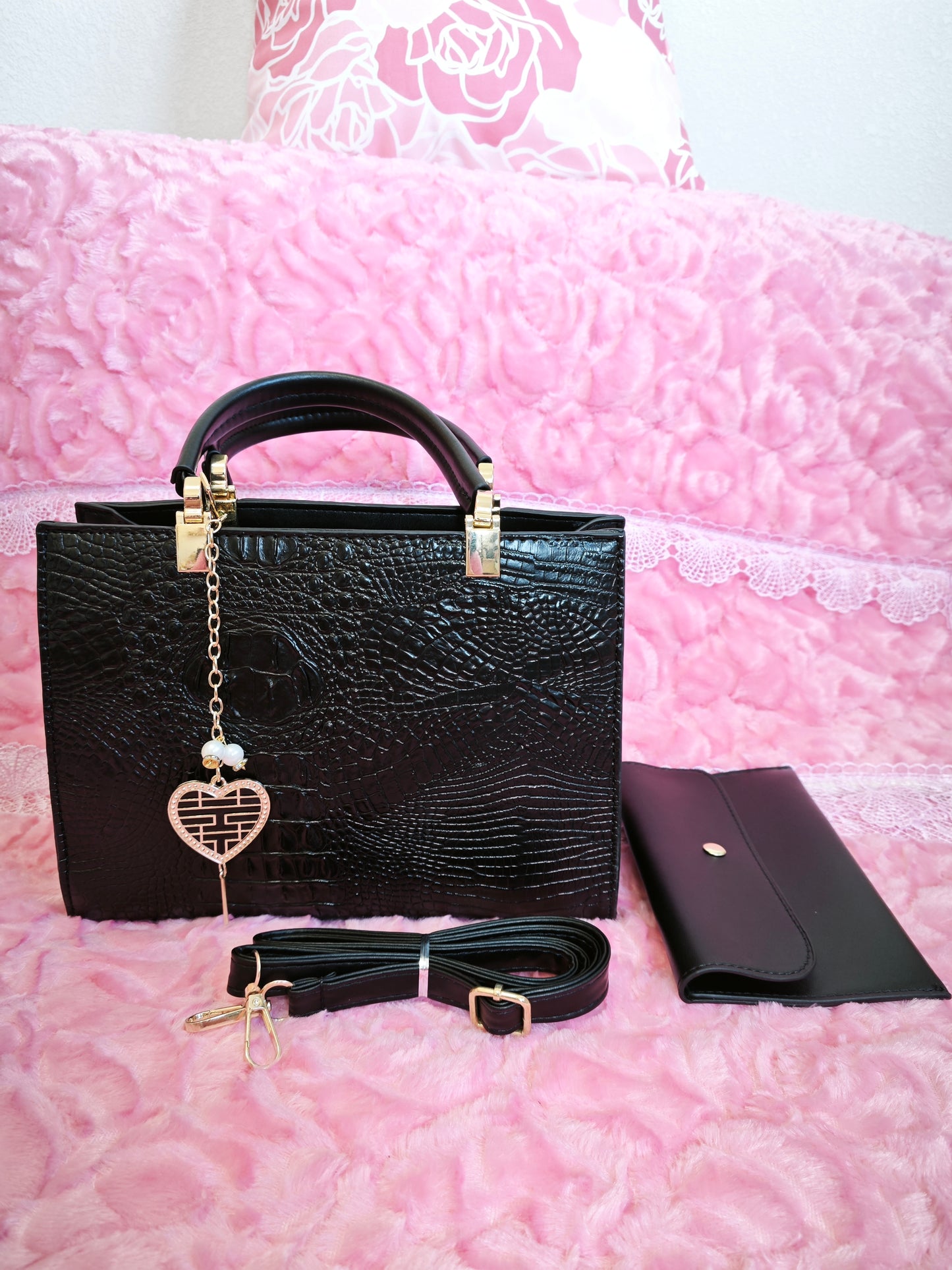 Black Crocodile-Print Handbag with Gold Accents