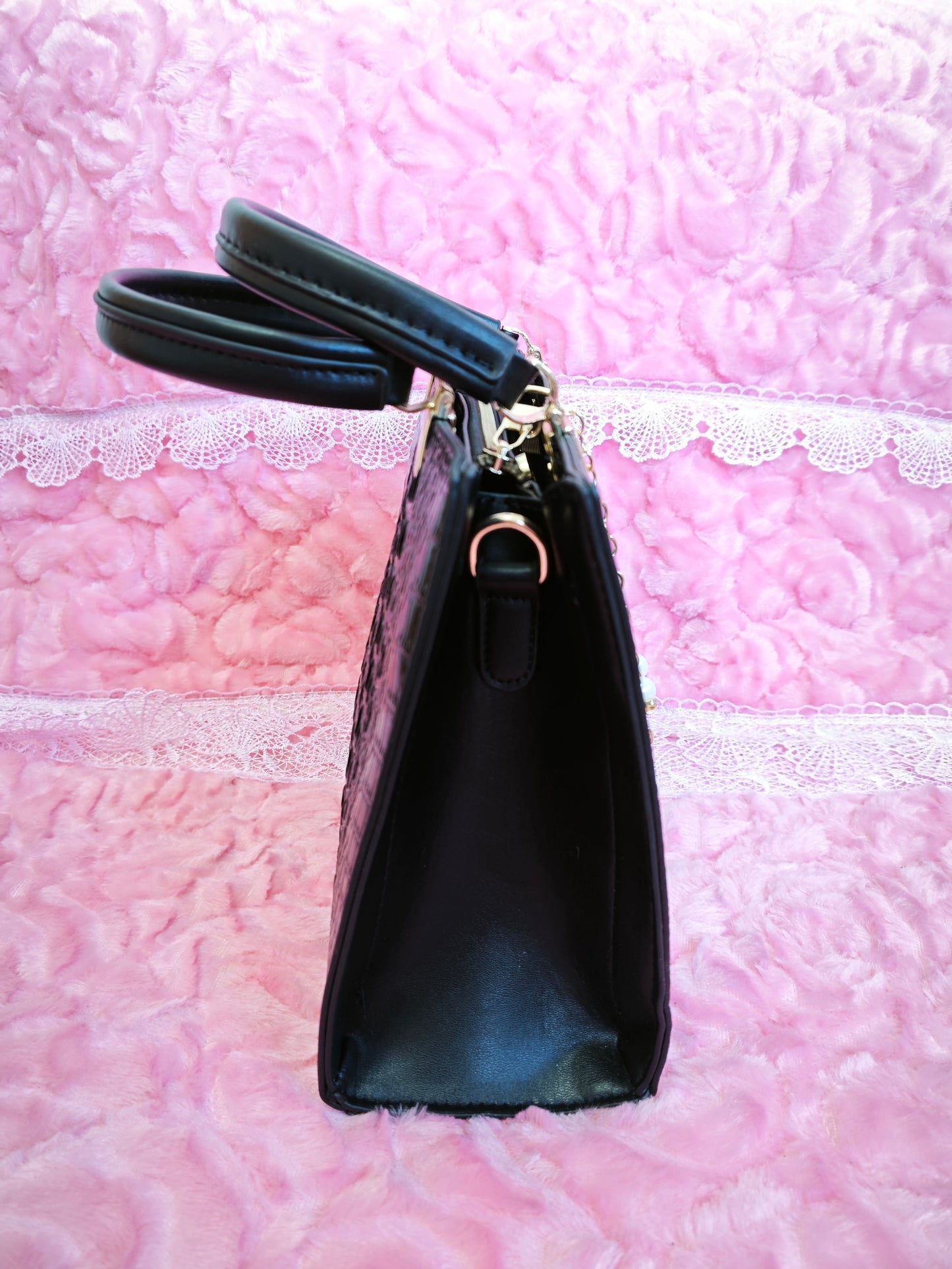 Black Crocodile-Print Handbag with Gold Accents