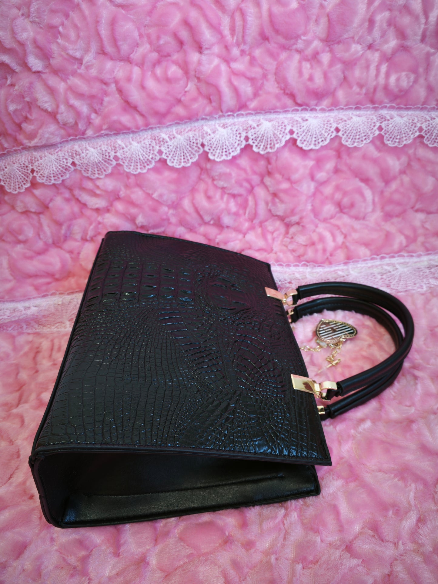 Black Crocodile-Print Handbag with Gold Accents