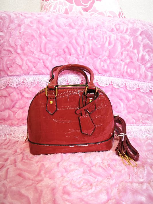 Burgundy Patent Crocodile-Print Half-Moon Mini Handbag