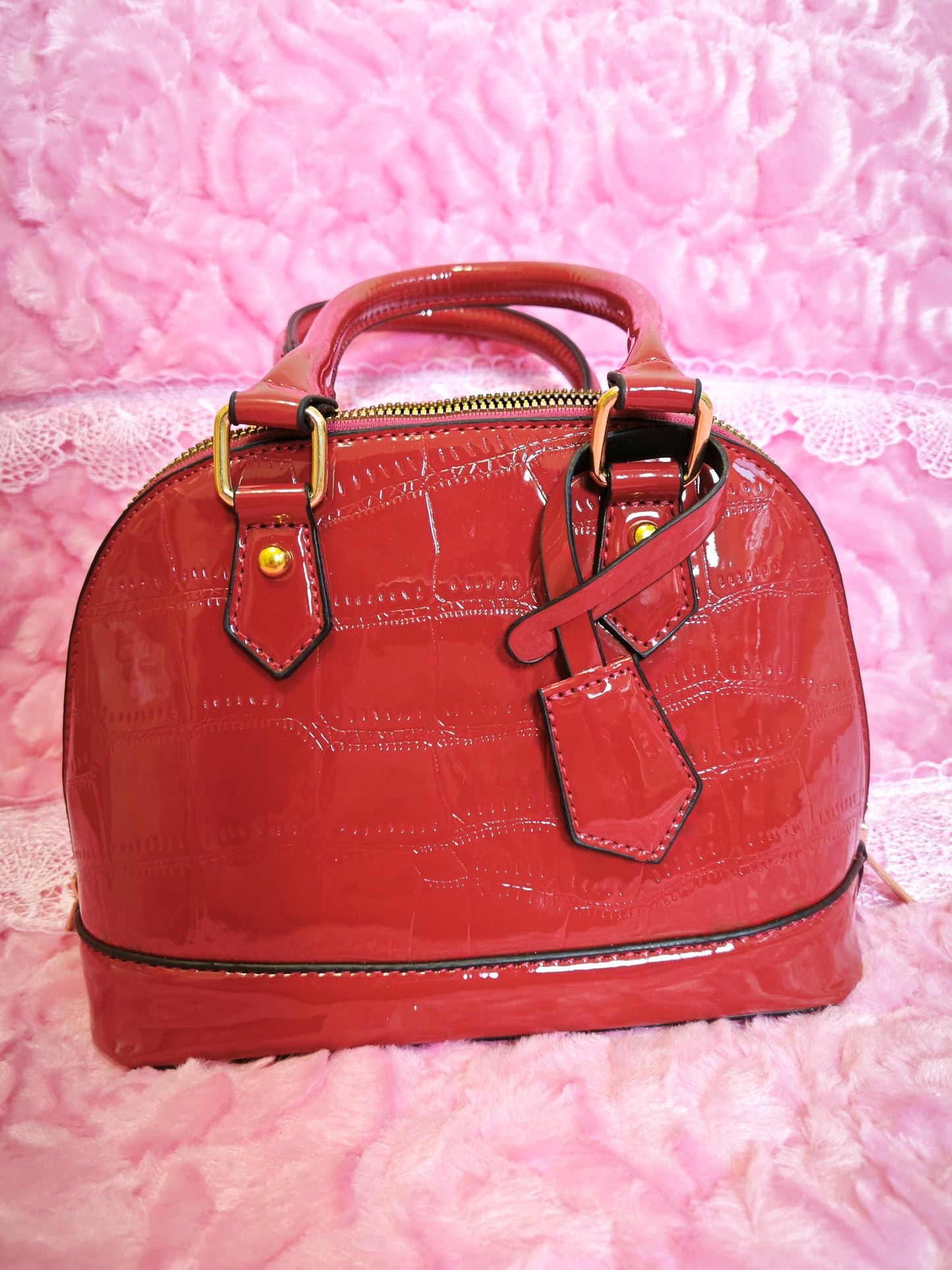 Burgundy Patent Crocodile-Print Half-Moon Mini Handbag
