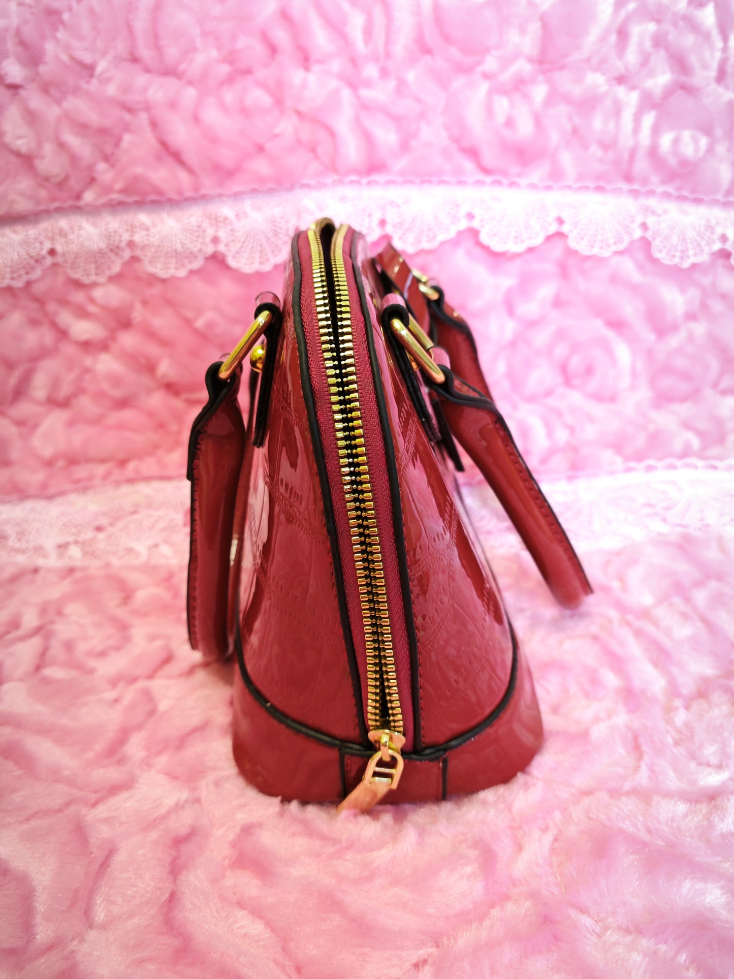 Burgundy Patent Crocodile-Print Half-Moon Mini Handbag