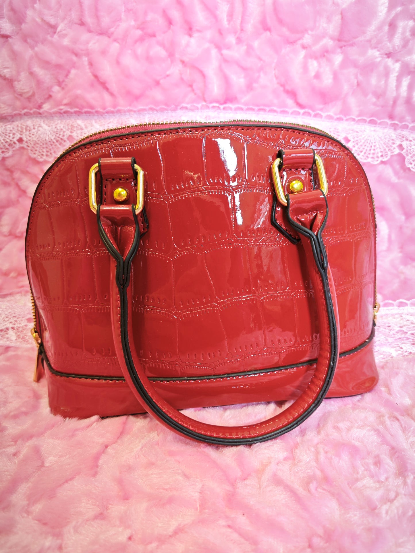 Burgundy Patent Crocodile-Print Half-Moon Mini Handbag