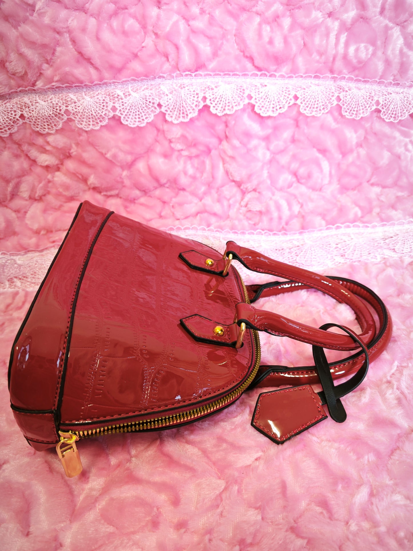 Burgundy Patent Crocodile-Print Half-Moon Mini Handbag