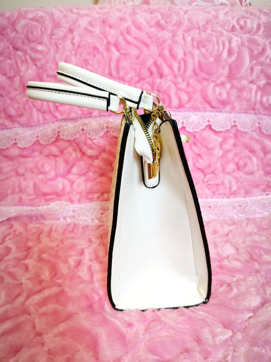 Cream Crocodile-Print Handbag with Gold Accents