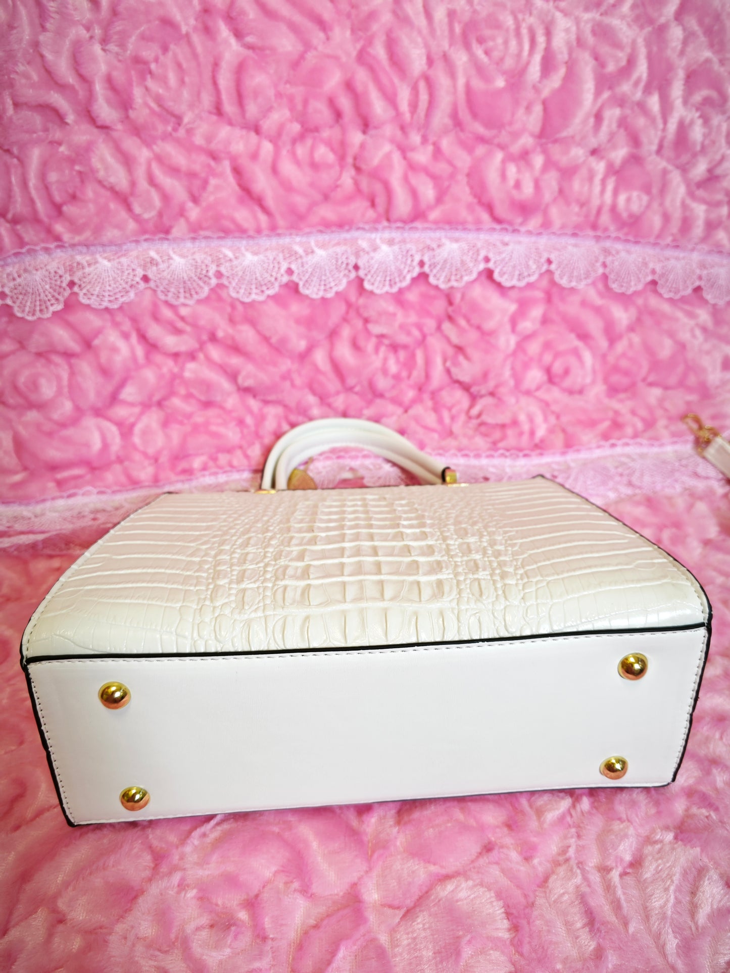Cream Crocodile-Print Handbag with Gold Accents