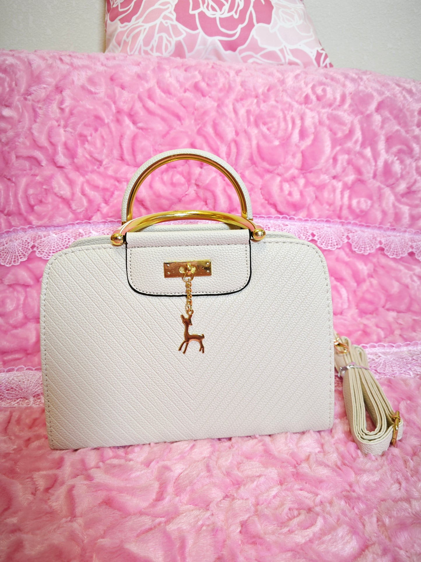 Cream Textured Mini Handbag with Gold Accents