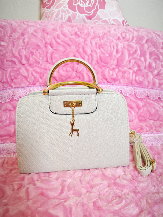 Cream Textured Mini Handbag with Gold Accents