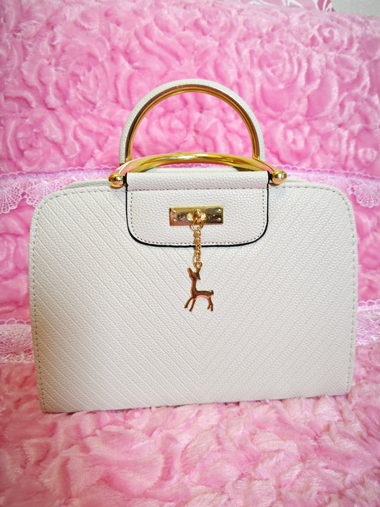 Cream Textured Mini Handbag with Gold Accents