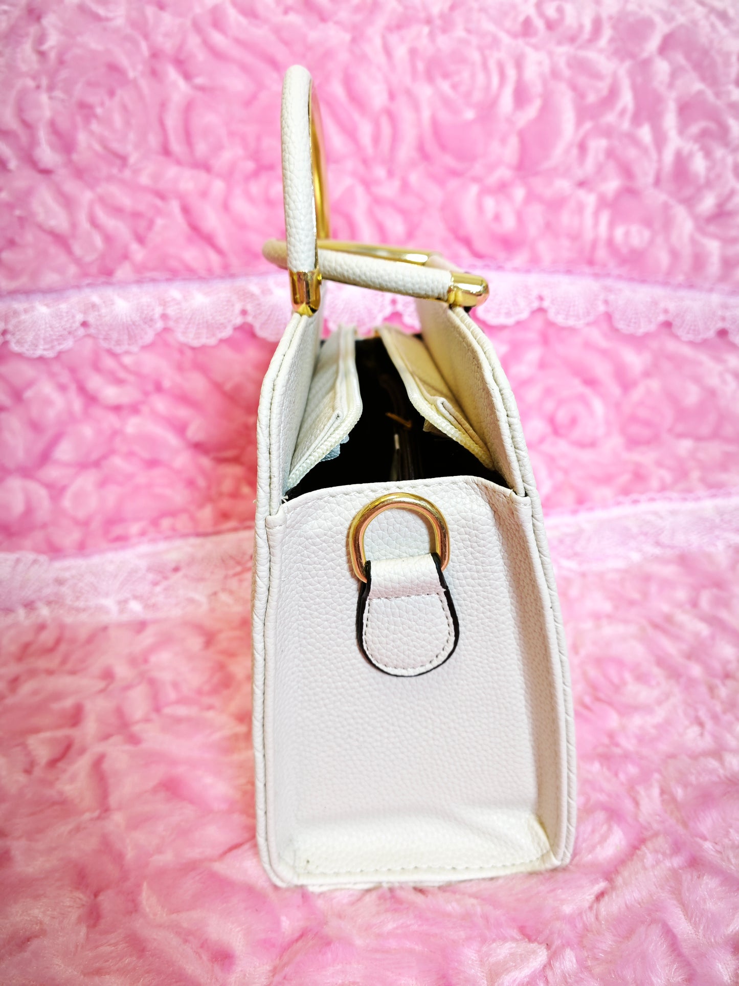 Cream Textured Mini Handbag with Gold Accents
