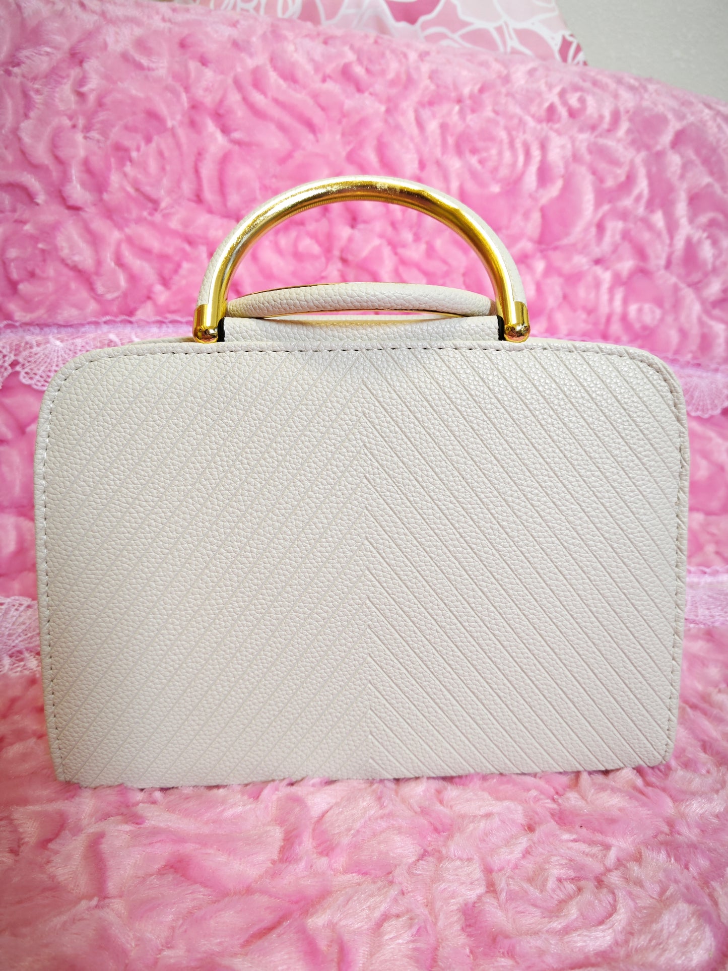 Cream Textured Mini Handbag with Gold Accents