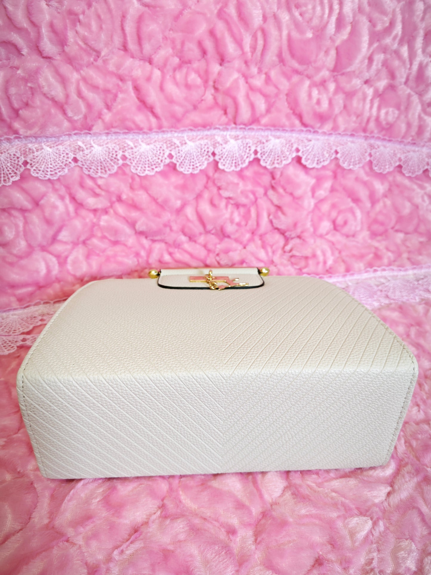 Cream Textured Mini Handbag with Gold Accents