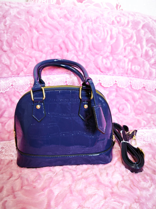 Navy Patent Crocodile-Print Half-Moon Mini Handbag