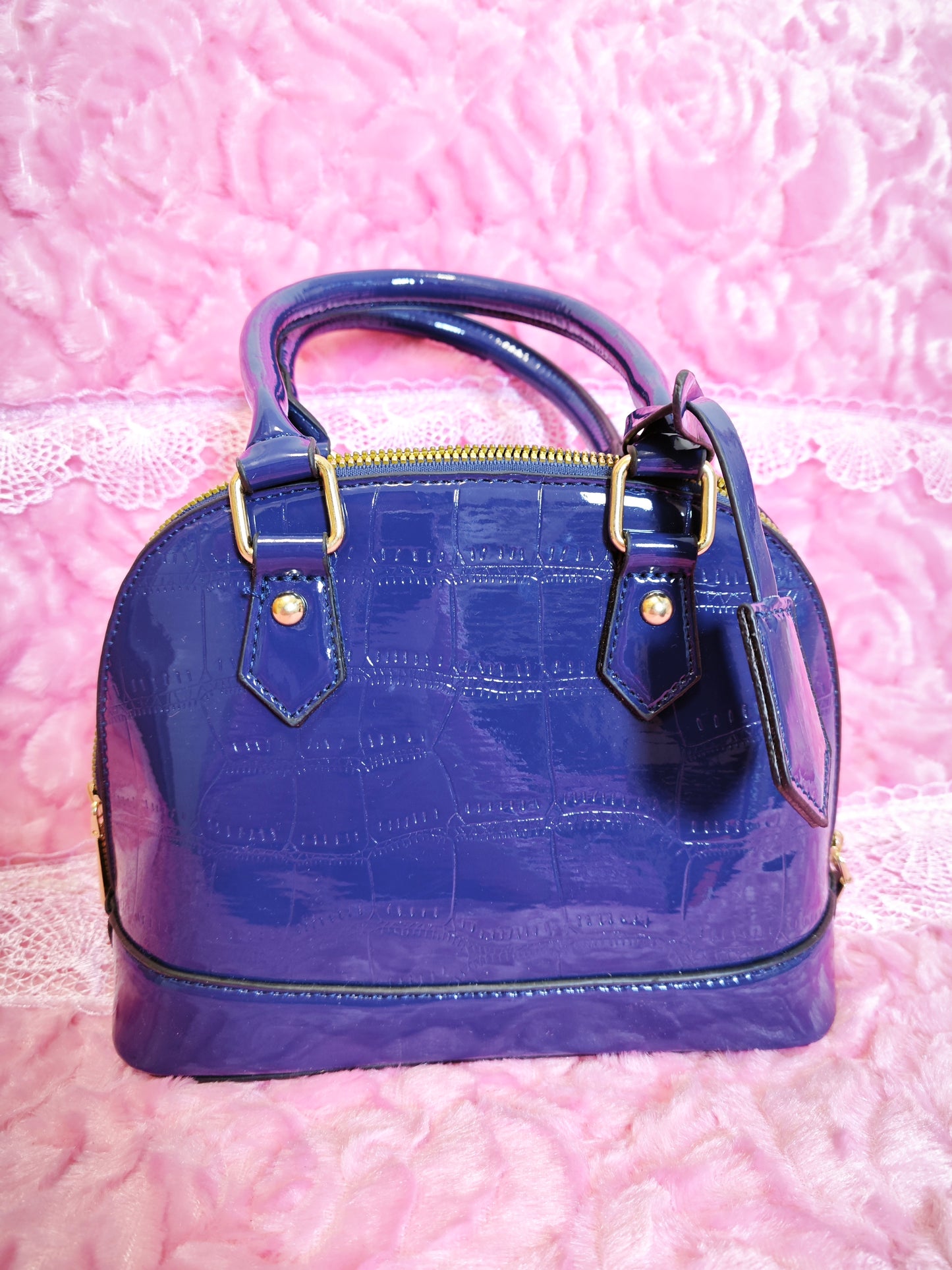 Navy Patent Crocodile-Print Half-Moon Mini Handbag
