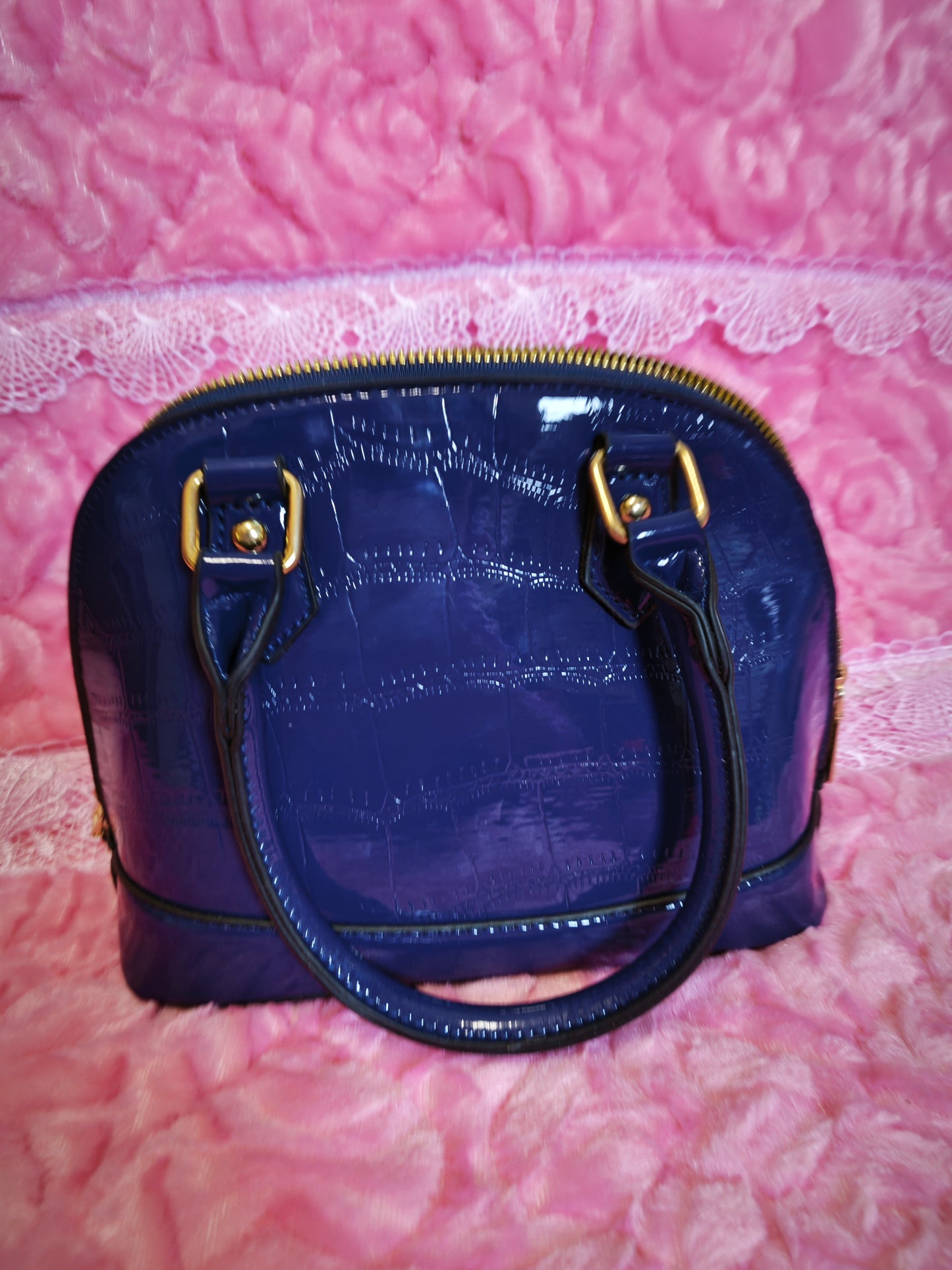 Navy Patent Crocodile-Print Half-Moon Mini Handbag